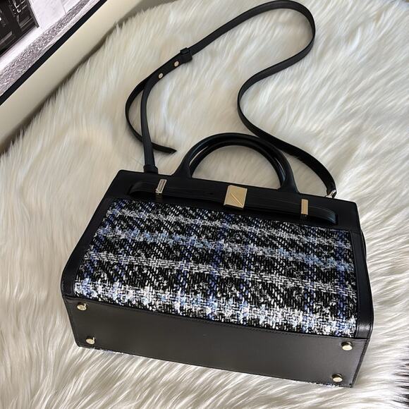 Kate Spade Deco Plaid Tweed Medium Satchel Elegant Black and Blue Tweed Handbag - Picture 7 of 10